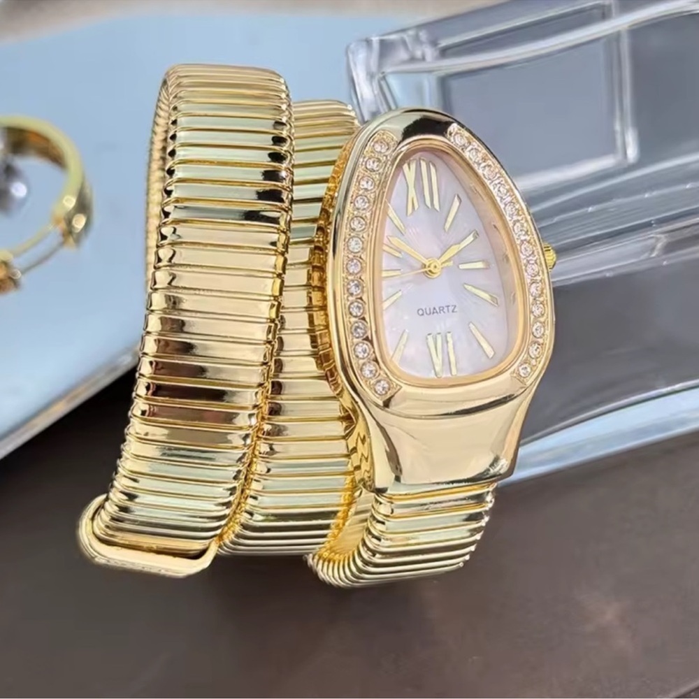 Anthropologie Gold Coil Wrap Watch with Mother-of-Pearl Dial